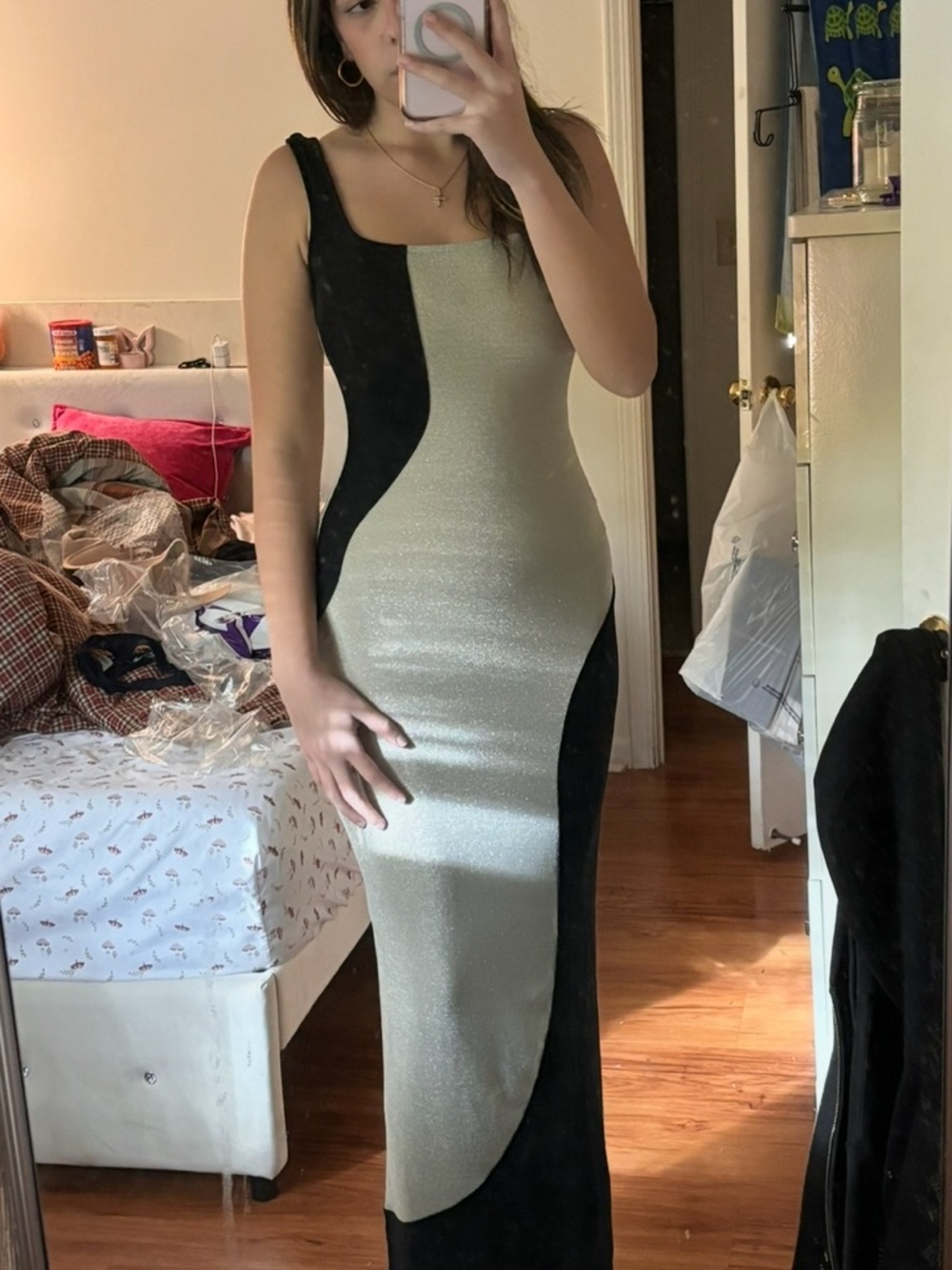 Two-Tone Black and Champagne Maxi Dress with Sculpted Silhouette
